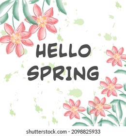 Diseño de vectores de primavera. Letras de primavera con flores y arbusto verde.