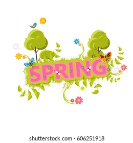Spring Vector Design. Spring Lettering with flowers and green bush.