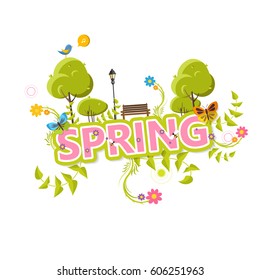 Spring Vector Design. Spring Lettering with flowers and green bush.