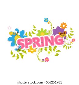 Spring Vector Design. Spring Lettering with flowers and green bush.