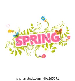 Spring Vector Design. Spring Lettering with flowers and green bush.