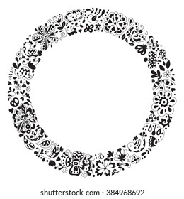 Spring vector doodle frame. Hand draw flowers, sun, clouds, butterflies. Season of the blossom, illustration, cute background. Template for wedding cards.