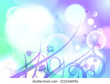 Spring vector fantasy background with butterflies, flowers and bokeh lights backdrop, empty space for text card, very pery color