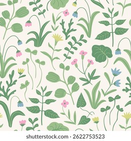 Padrão floral sem emenda do vetor de mola. Delicadas flores estilizadas sobre fundo claro. Design de tecido botânico ou papel de embrulho.
