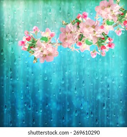 Spring vector flowers cherry blossoms on colorful rainy background with falling raindrops