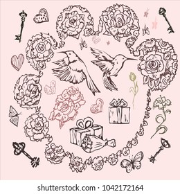 Spring vector with flowers, hummingbird, hearts, keys for wedding holidays, vector drawing for invitations card, postcards. Collection, set for wedding decoration