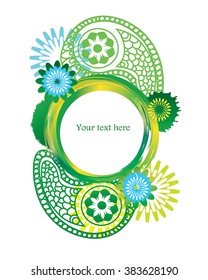 Spring vector green border with paisleys ornament and blue flowers. Watercolor digital brush strokes, splashes. Fresh green circle frame. As  invitation, festive clip art, herbal product branding.