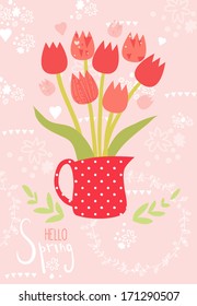 Spring vector greeting card: beautiful tulips in vase on ornamental background.