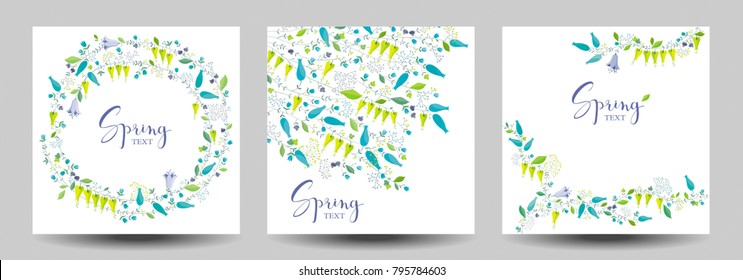 Spring vector greeting cards set - fresh meadow flowers compositions.