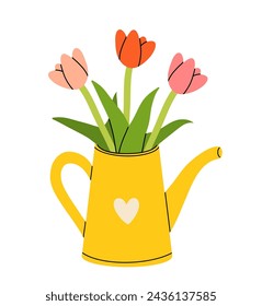 Spring vector hand drawn illustration of yellow watering can with heart, bouquet of tulips. Good for print, textile, fabric, scrapbooking, wallpaper, poster, banner.