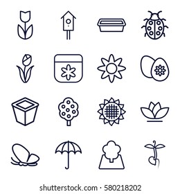 spring vector icons. Set of 16 spring outline icons such as umbrella, butterfly, sunflower, tree, flower, pot for plants, nesting house, ladybug, sprout