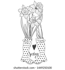  Spring. Vector illustration, black and white greeting card or invitation.