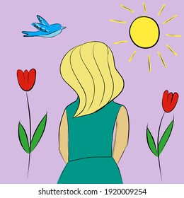 Frühlingsvektorgrafik mit einem blonden Mädchen, das die helle Sonne betrachtet.  Nettes Bild für Glückwünsche zum internationalen Frauentag, Muttertag, romantische Botschaften und Kinderdesign.