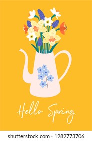 Spring vector illustration with bouquet of flowers. Beautiful template. Can be used for banner, poster, card, postcard and printable.