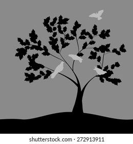 Spring vector illustration with doves on tree. Silhouette