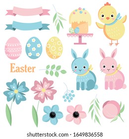Spring. Vector illustration. Easter collection. Set rabbits, flowers