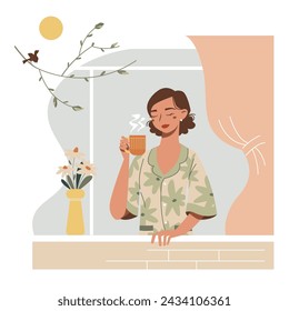 Spring vector illustration in a flat style. Nice young woman drinking morning coffee and enjoying warm weather. Cute girl in open window.