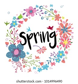 Spring. Vector illustration of floral spring wreath. 