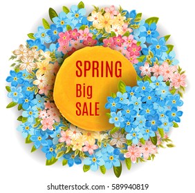 Spring vector illustration with flowers. Spring big sale text.