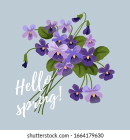 Spring vector illustration with flowers, bouquet of lilac cute violet on a blue background.