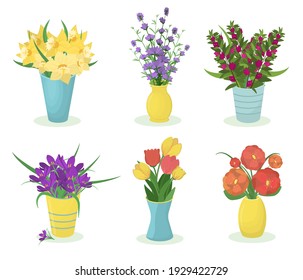 spring vector illustration of flowers in vases. Isolated on a white background. Set