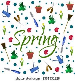Spring vector illustration, gardening background, garden cleaning tools, colorful spring pattern