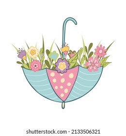 Spring vector illustration, hand drawn open umbrella with flowers. Can be used for labels, greeting card, invitation, poster, wedding decoration and other images.