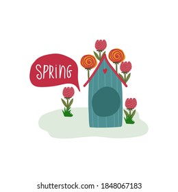 Spring vector illustration with a house. Cartoon spring illustration with a cute animal house drawn by hand. Beautiful greeting card with the first day of Spring. Vector illustration