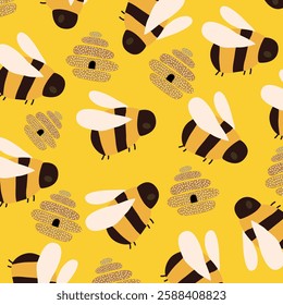 Spring vector illustration. Сute pattern with spring insects. Cartoon flying bee and beehive for kids textile, packaging, wrapping paper, wallpaper, for print on the wall, baby wear