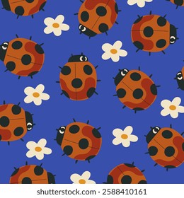 Spring vector illustration. Сute pattern with spring insects and flowers. Cartoon ladybug for kids textile, packaging, wrapping paper, wallpaper, for print on the wall, baby wear