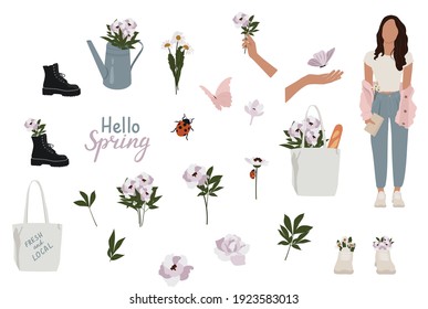 Spring Vector Illustration Set. Peony flowers, girl, boots, eco friendly bag, butterfly, daisy, shoes 