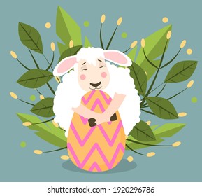 spring vector illustration of a sheep hugging a decorated egg. On the theme of spring and happy Easter