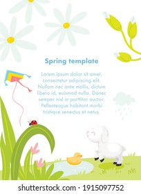 Spring vector illustration template. Summer nature background with chamomile flowers, green grass field, meadow, lamb,sheep, kite flying in sky, ladybug sitting on plant. Greeting card with copy space