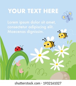 Spring vector illustration template. Summer meadow nature background with bees, butterfly, ladybug sitting on plant, chamomile flowers, green field grass. Greeting card with copy space.