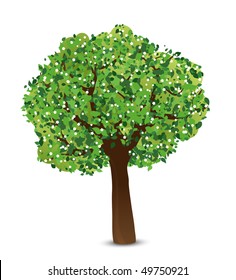 Spring. Vector illustration of tree with green leaves and white flowers