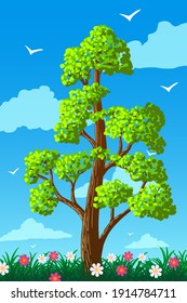 Spring vector illustration tree on grass with flowers against a blue sky.