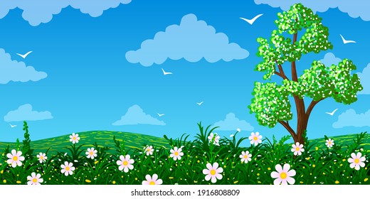 Spring vector illustration tree on meadow with flowers against a blue sky.