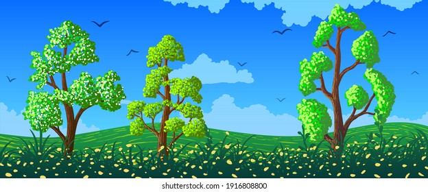 Spring vector illustration trees on meadow with flowers against a blue sky.