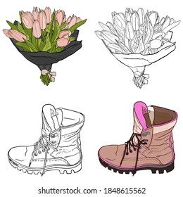 Spring vector illustration of tulips in a rough boot on a white background. Flower blank for designers, postcard, logo, clothing, textiles