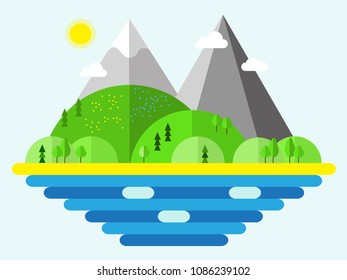 Spring vector illustration for web design, mobile design, banner, flyer or postcard, modern flat design conceptual landscapes with sea, beach, hills and mountains.