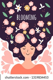 Spring vector illustration with woman with flowers. Concept of happy living and positive thinking. Blooming phrase.