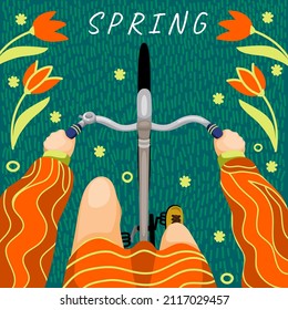 Spring. Vector illustration, a woman on a bicycle with leaves and flowers. Drawings for a poster, postcard or background