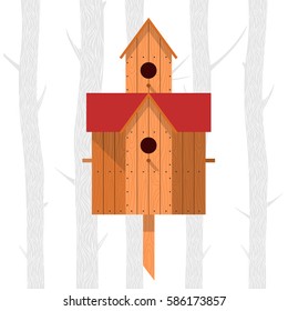 Spring vector illustration with wooden birdhouses. Trees, tree buds, thaw, birds. Web graphics, banners, advertisements, brochures, business templates. Isolated on a white background