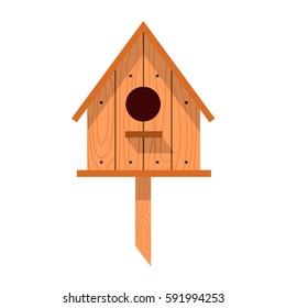 Spring vector illustration with wooden birdhouses. Trees, tree buds, thaw, birds. Web graphics, banners, advertisements, brochures, business templates. Isolated on a white background