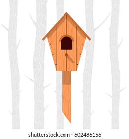 Spring vector illustration with wooden birdhouses. Trees, tree buds, thaw, birds. Web graphics, banners, advertisements, brochures, business templates. Isolated on a white background