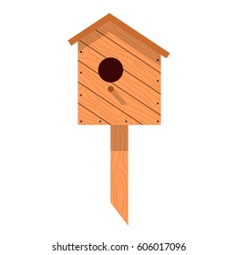 Spring vector illustration with wooden birdhouses. Trees, tree buds, thaw, birds. Web graphics, banners, advertisements, brochures, business templates. Isolated on a white background