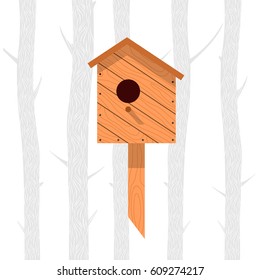 Spring vector illustration with wooden birdhouses. Trees, tree buds, thaw, birds. Web graphics, banners, advertisements, brochures, business templates. Isolated on a white background