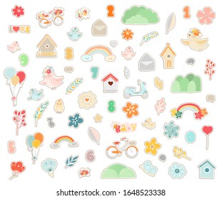 Ilustraciones vectoriales de primavera de etiquetas o etiquetas para niños. Juego de flores, pájaros, arco iris, bicicleta.