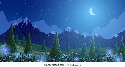 Spring vector landscape. Fir trees among mountains and flowering meadow at starry fireflies night.