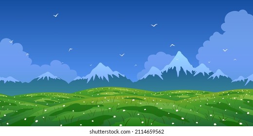 Spring vector landscape. Mountains and flowering meadow. Abstract flat illustration.